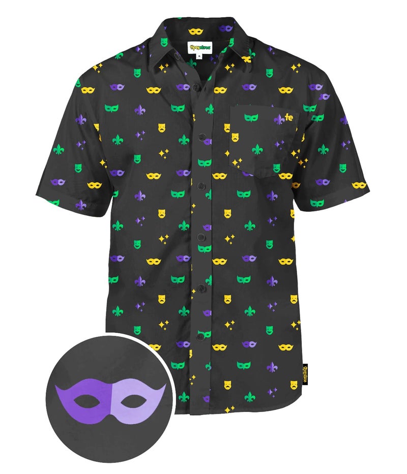 Tipsy Elves Button Down Shirts for Men - Valentineâ€™s Day, Mardi Gras and St Patrickâ€™s Day Menâ€™s Button Ups - Black Masquerade Mardi Gras Short Sleeve Hawaiian - Size Large - Image 5